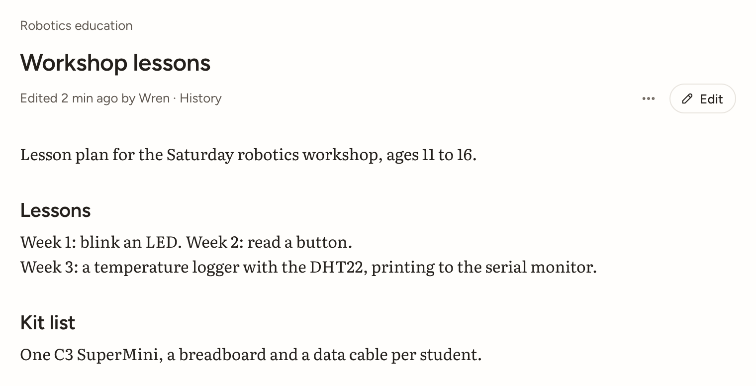 A pad titled Classroom microcontrollers, edited by the hub's members
